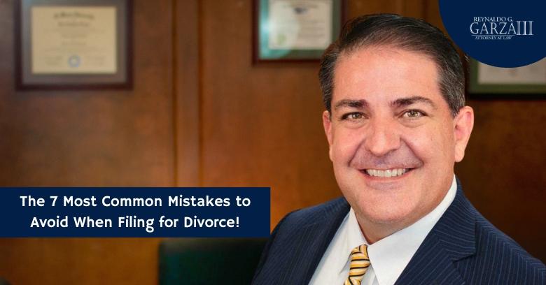 This image features Reynaldo Garza III, a smiling attorney in a suit, with text offering guidance on 7 most common divorce filing mistakes.